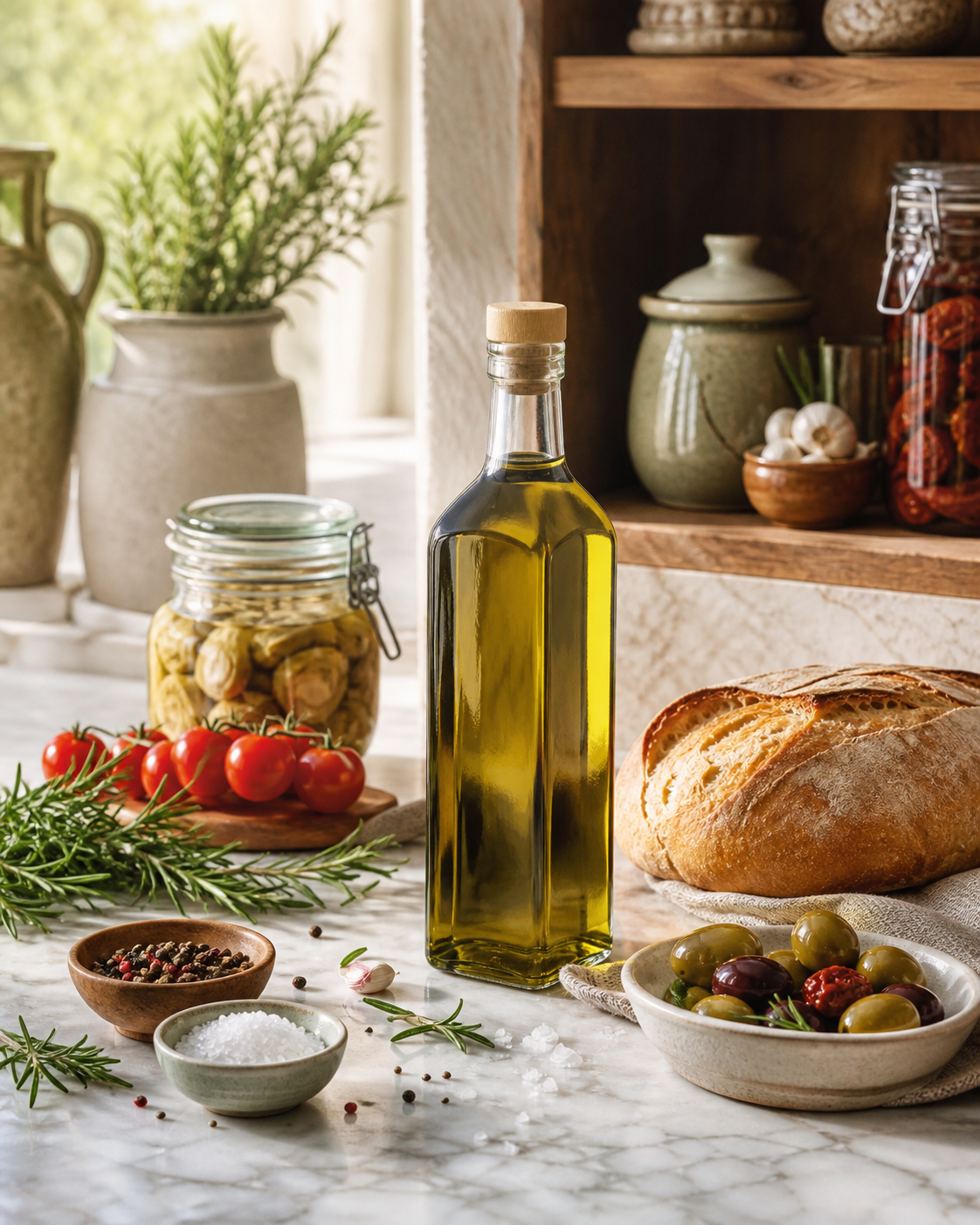 Olio extra vergine in dispensa con prodotti italiani e spezie