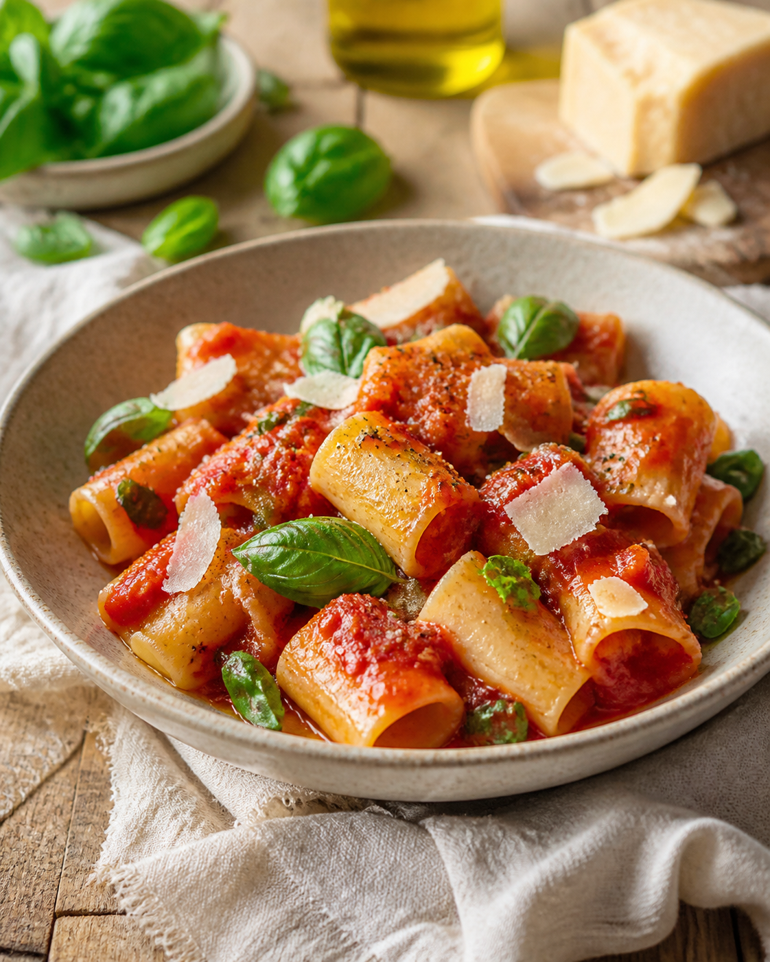 Pasta italiana servita con pomodoro, basilico e formaggio